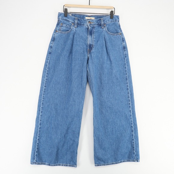 Levis Baggy Dad Jeans Womens 29 Blue Pleated Wide Leg 100% Cotton Denim - Picture 1 of 13